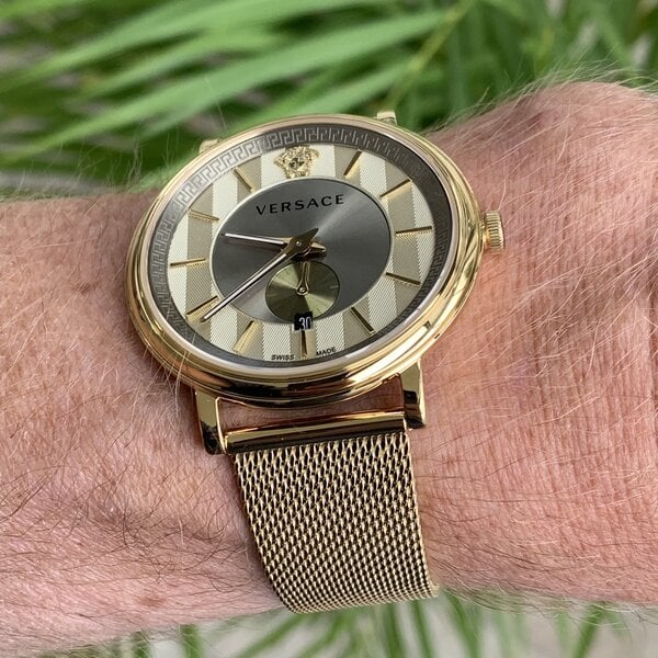 Versace V Circle Quartz Gold Dial Gold Mesh Bracelet Watch For Men - VBQ070017 Buy Now By Versace
