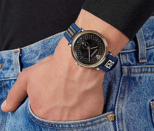 Versace V-Circle Black Dial Blue Leather Strap Watch for Men - VEBQ01419 Buy Now By Versace