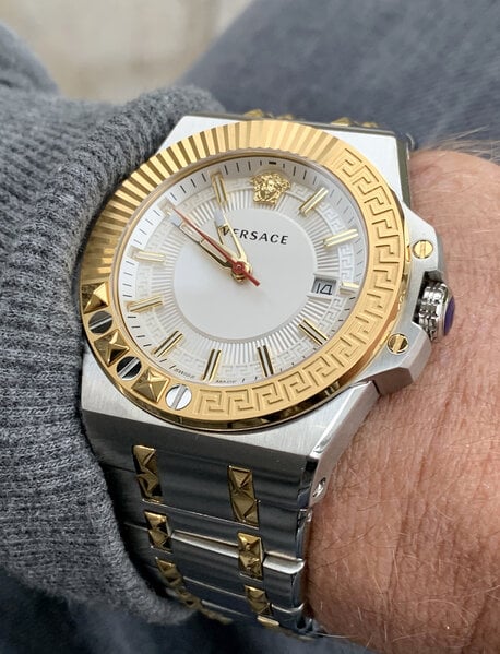 Versace Chain Reaction Quartz White Dial Two Tone Steel Strap Watch for Men - VEDY00519 Buy Now By Versace