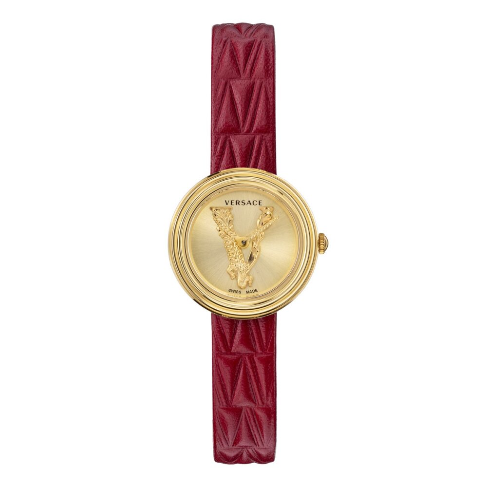 Versace Virtus Mini Quartz Gold Dial Red Leather Strap Watch For Women - VET300521 Buy Now By Versace