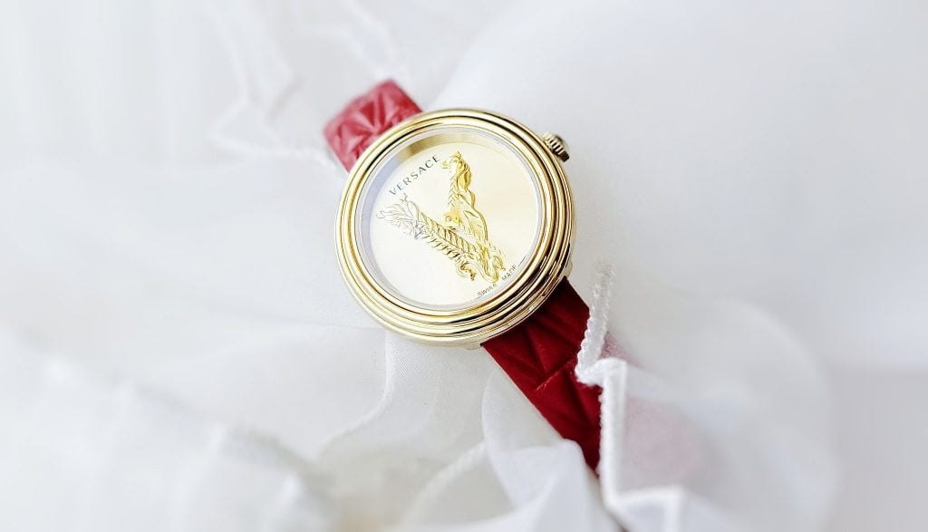 Versace Virtus Mini Quartz Gold Dial Red Leather Strap Watch For Women - VET300521 Buy Now By Versace