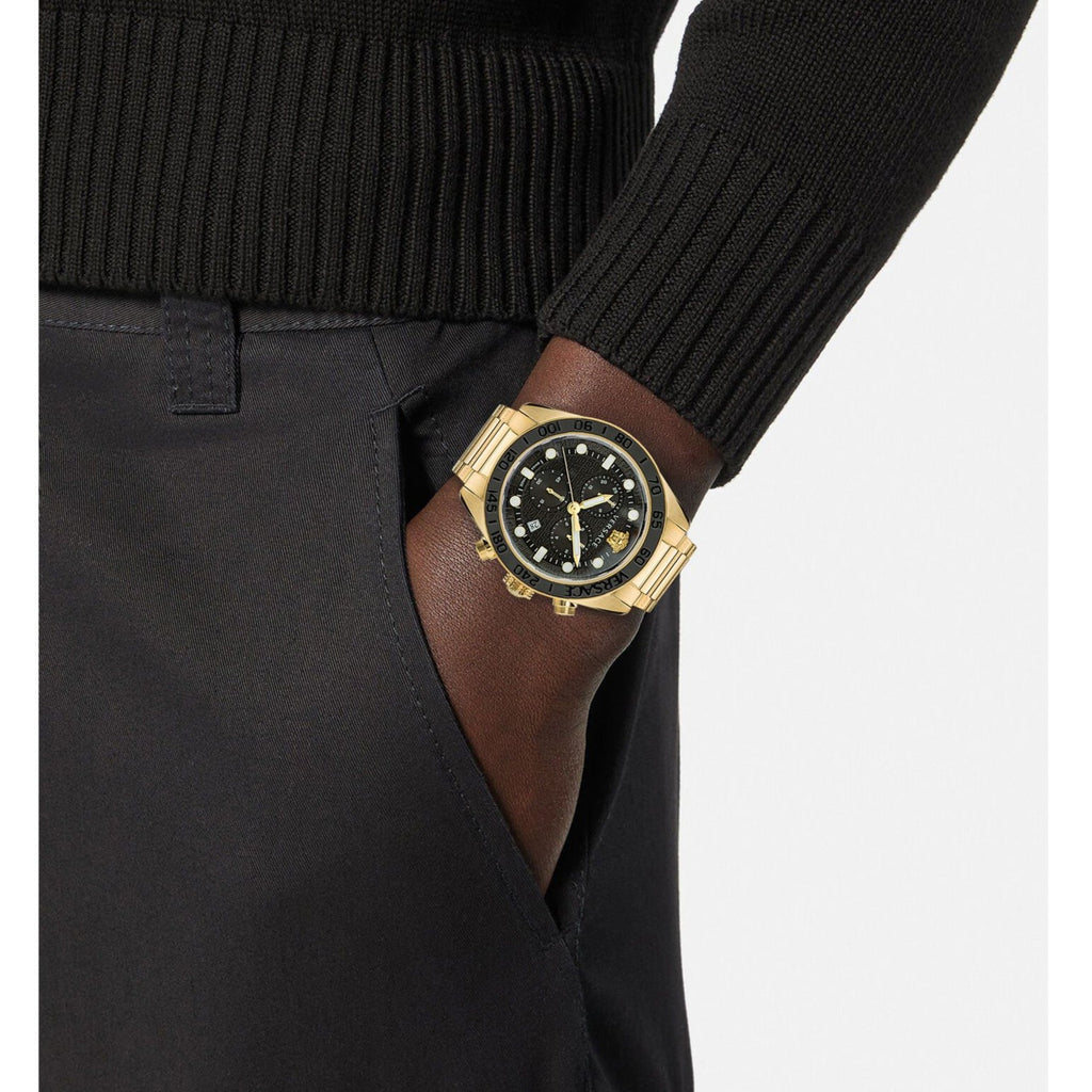 Versace Greca Dome Chronograph Black Dial Gold Steel Strap Watch for Men - VE6K00523 Buy Now By Versace