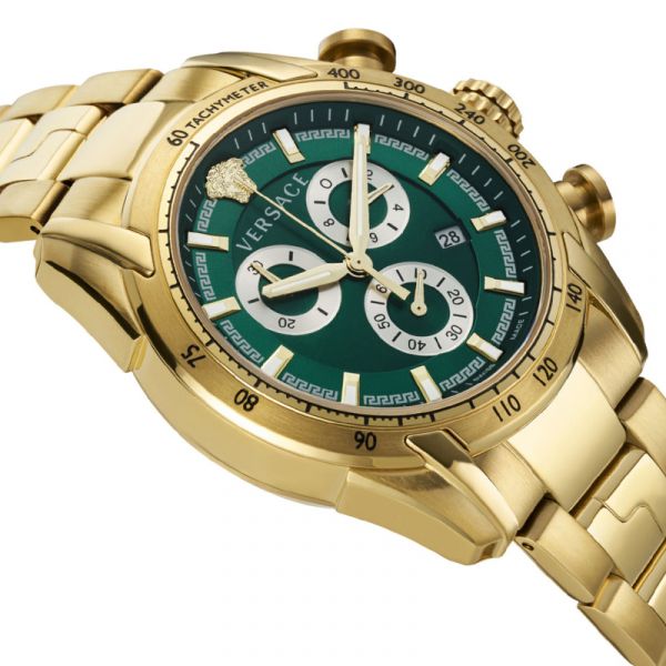 Versace V-Ray Chronograph Quartz Green Dial Gold Steel Strap Watch For Men - VE2I00621 Buy Now By Versace