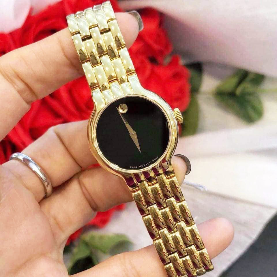 Movado Veturi Black Dial Gold Steel Strap Watch for Women - 0606935 Buy Now By Movado