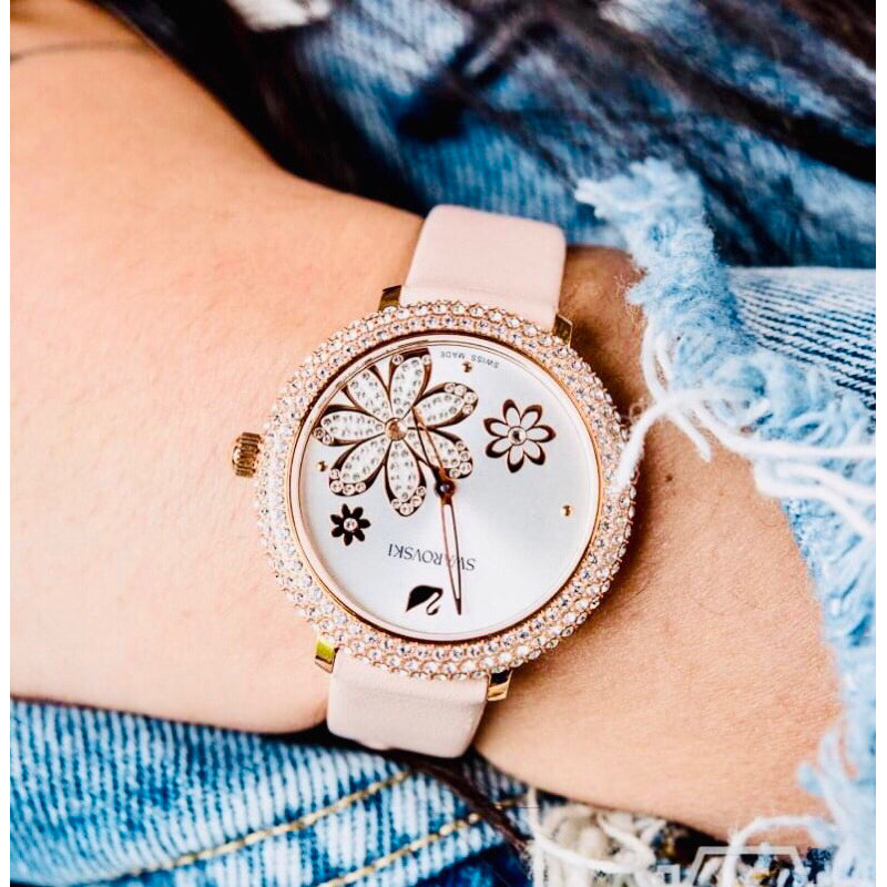 Swarovski Crystal Frost White Dial Pink Leather Strap Watch for Women - 5519223 Buy Now By Swarovski