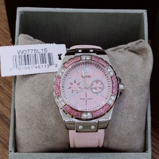 Guess Limelight Quartz Diamonds Pink Dial Pink Denim Strap Watch For Women - W0775l15 Buy Now By Guess