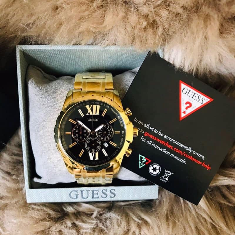 Guess Optic Multifunction Black Dial Gold Steel Strap Watch for Men - W0193G1 Buy Now By Guess