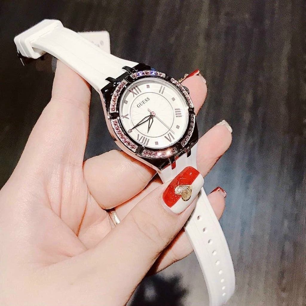 Guess Sparkling Silver Dial White Rubber Strap Watch For Women - GW0032L1 Buy Now By Guess