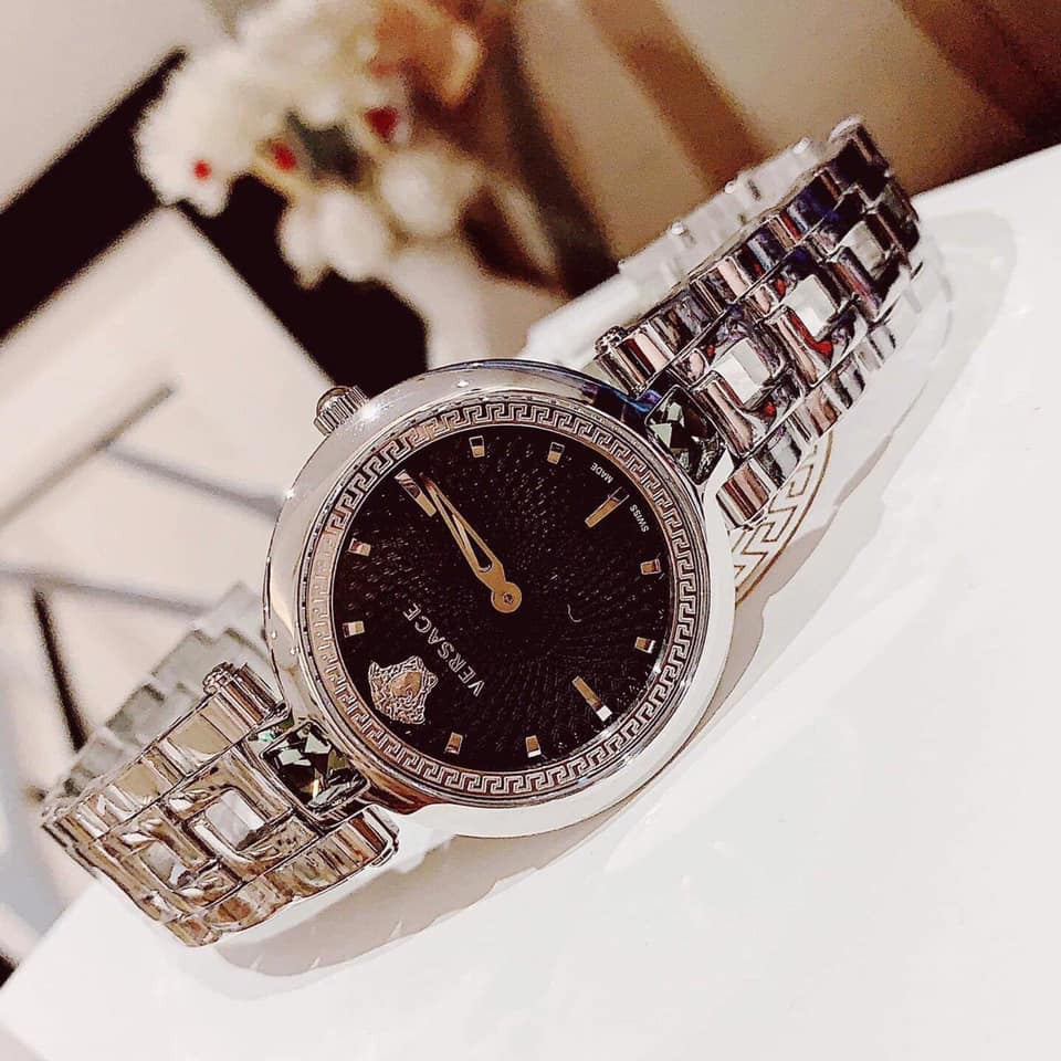 Versace Crystal Gleam Guilloche Black Dial Silver Steel Strap Watch for Women - VAN030016 Buy Now By Versace