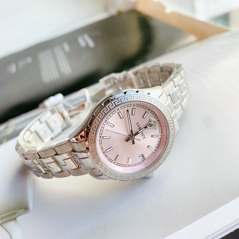 Versace Hellenyium Pink Dial Silver Steel Strap Watch for Women - V12010015 Buy Now By Versace