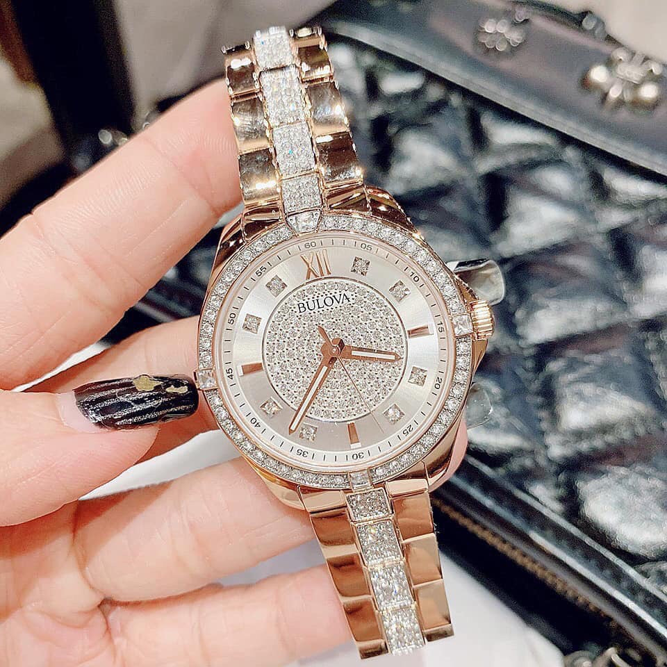 Bulova Crystal Collection Silver Dial Rose Gold Steel Strap Watch for Women - 98L229 Buy Now By Bulova