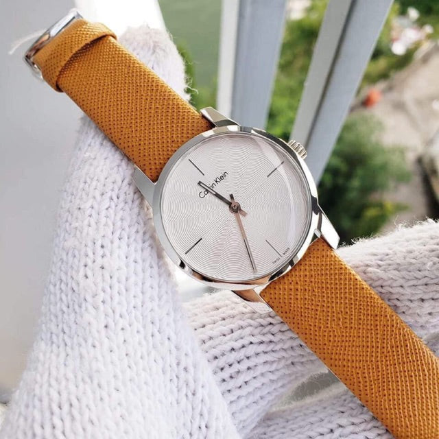 Calvin Klein City Silver Dial Orange Leather Strap Watch for Women - K2G231G6