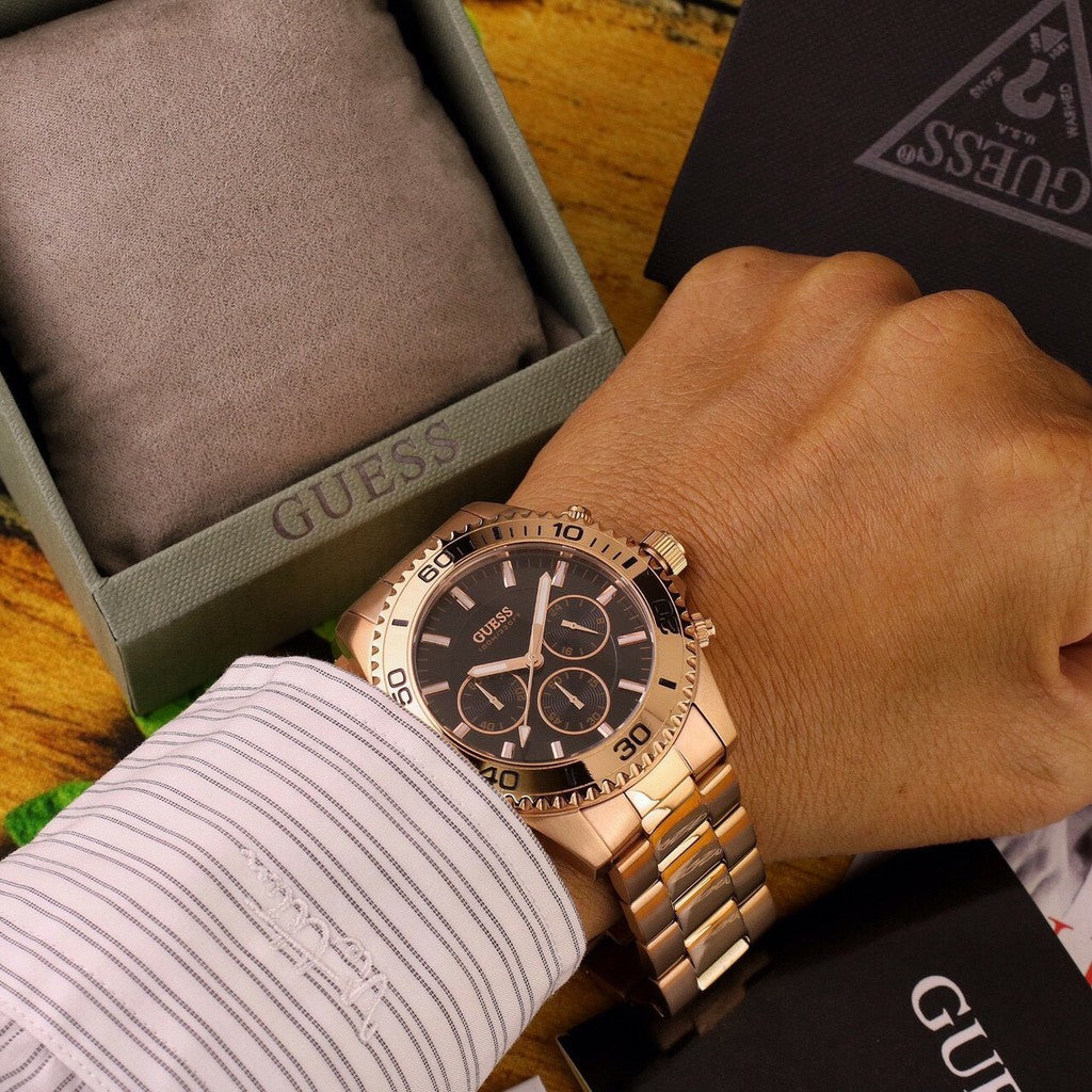 Guess Chaser Chronograph Black Dial Rose Gold Steel Strap Watch for Men - W0170G3 Buy Now By Guess
