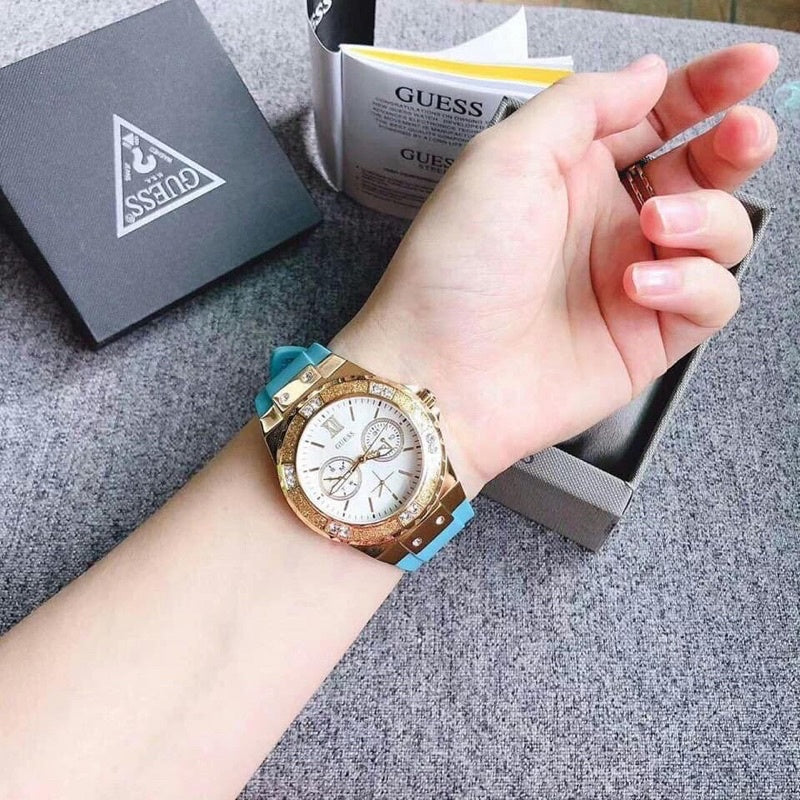 Guess Limelight Crystal White Dial Light Blue Rubber Strap Watch for Women - W1053L6 Buy Now By Guess