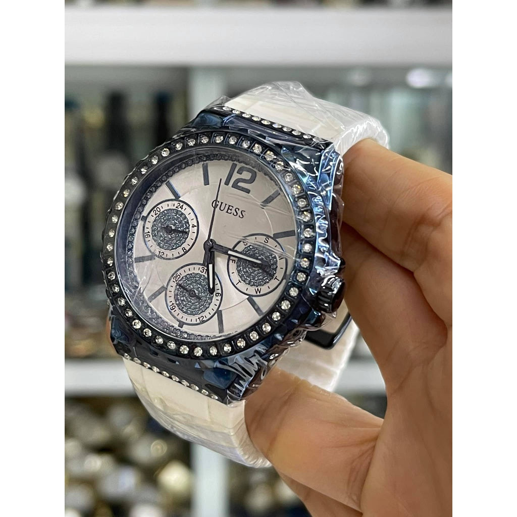 Guess Starlight Diamonds Silver Dial White Rubber Strap Watch for Women - W0846L7 Buy Now By Guess