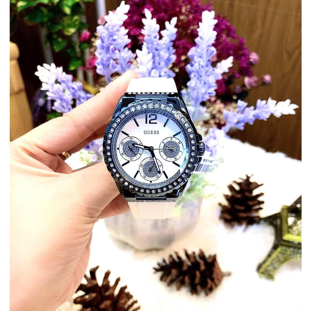 Guess Starlight Diamonds Silver Dial White Rubber Strap Watch for Women - W0846L7 Buy Now By Guess