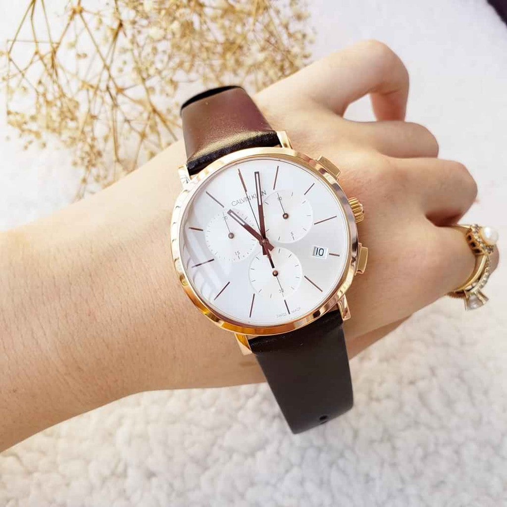 Calvin Klein Posh Chronograph White Dial Brown Leather Strap Watch for Men - K8Q376G6 Buy Now By Calvin Klein