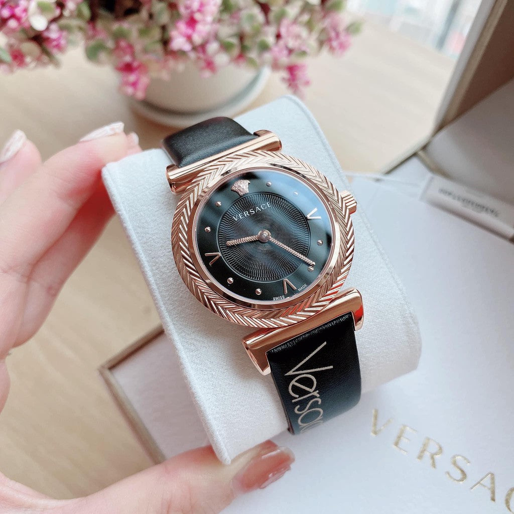 Versace V-Motif Vintage Logo Black Dial Black Leather Strap Watch for Women - VERE00818 Buy Now By Versace