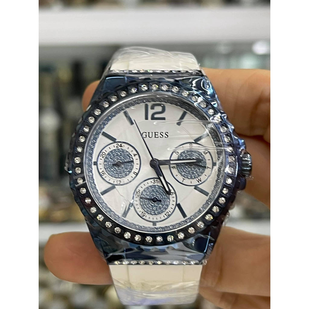 Guess Starlight Diamonds Silver Dial White Rubber Strap Watch for Women - W0846L7 Buy Now By Guess