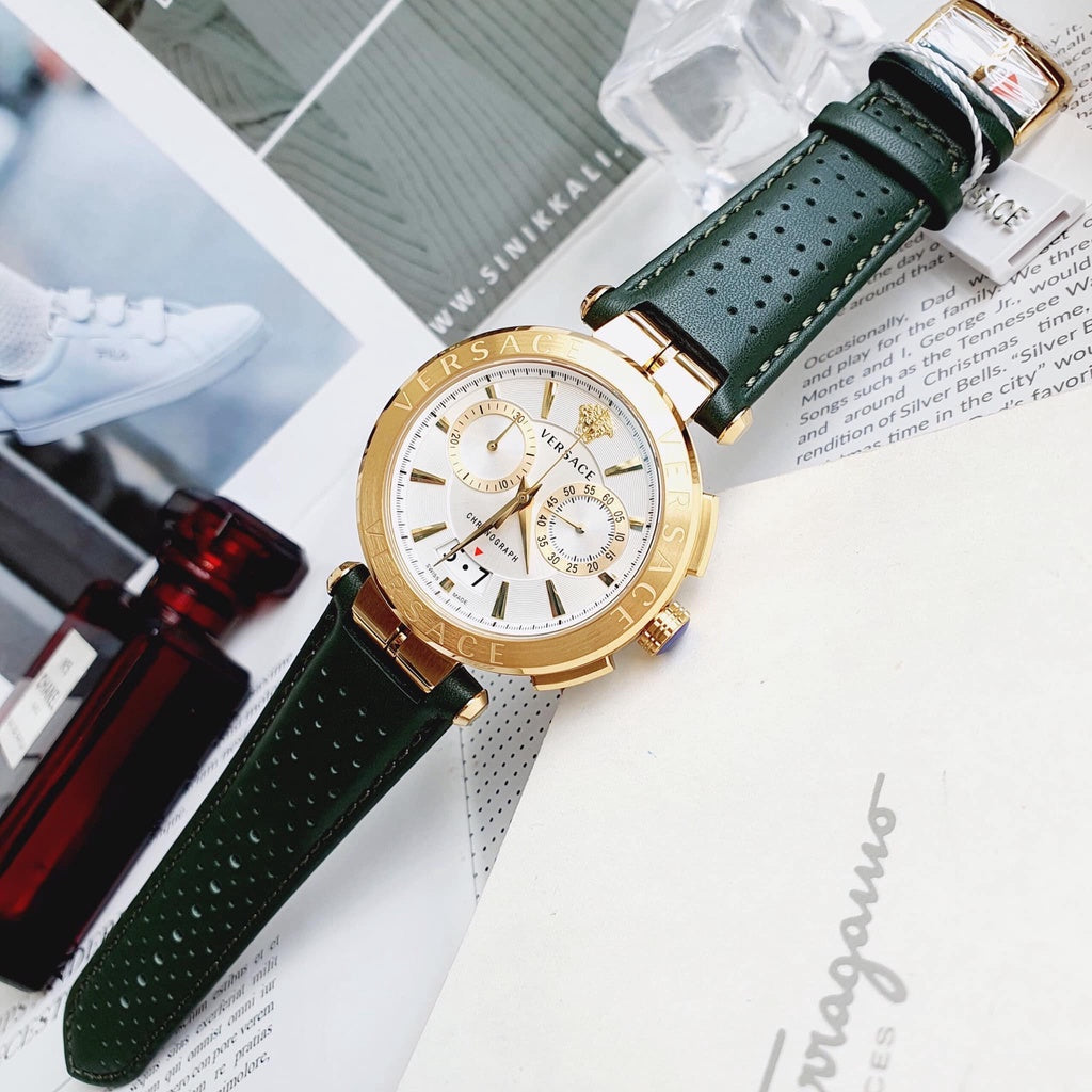 Versace Aion Chronograph White Dial Green Leather Strap Watch for Men - VBR020017 Buy Now By Versace