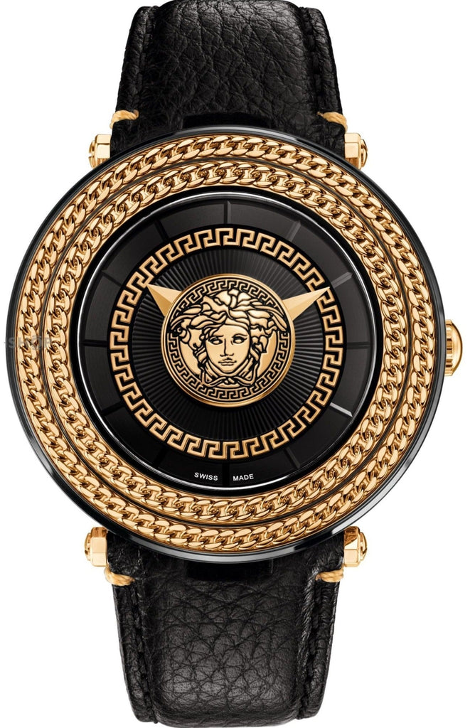 Versace V Metal Icon Black Dial Black Leather Strap Watch For Men - VQL020015 Buy Now By Versace