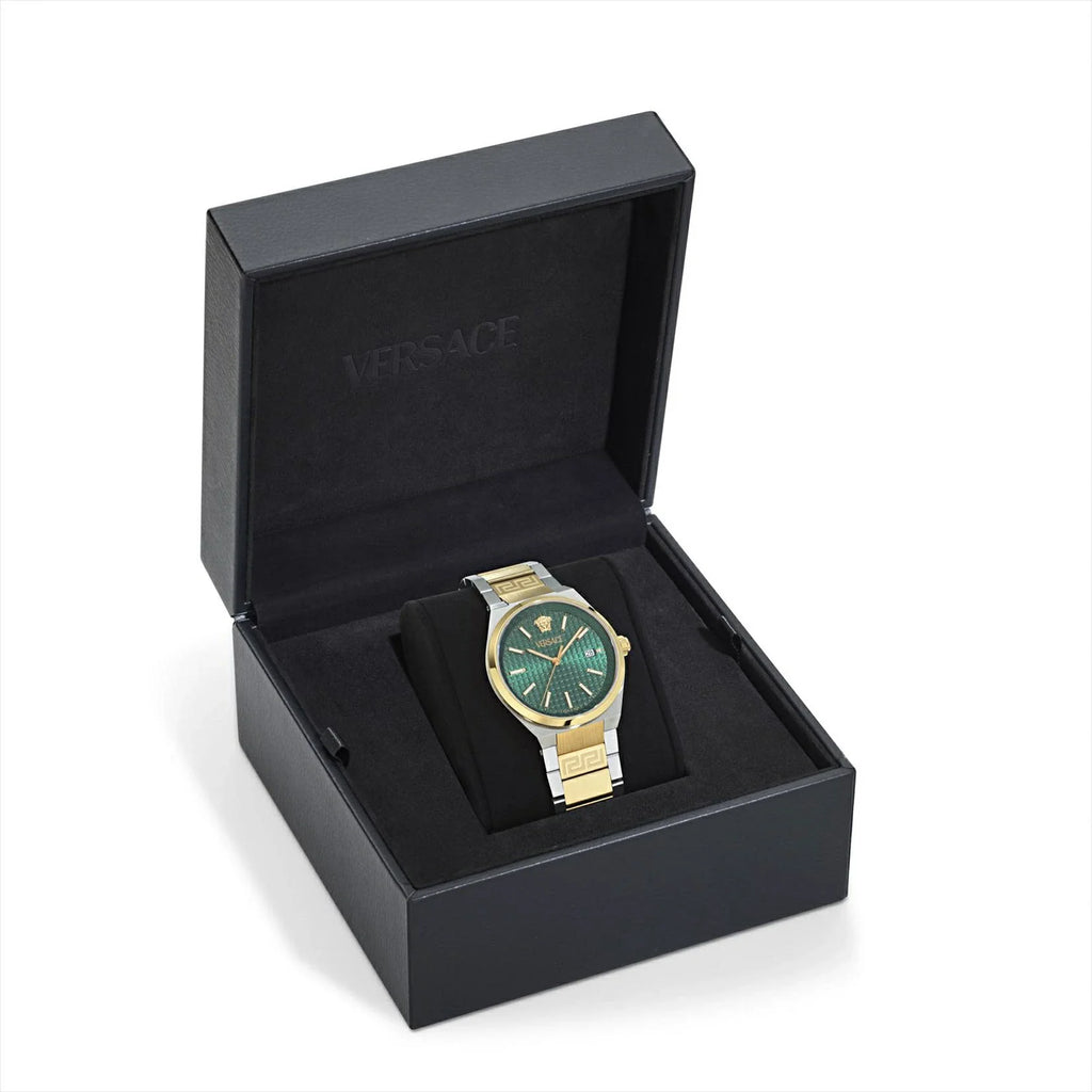 Versace V-Auria Quartz Green Dial Two Tone Steel Strap Watch for Men - VE0F00425 Buy Now By Versace