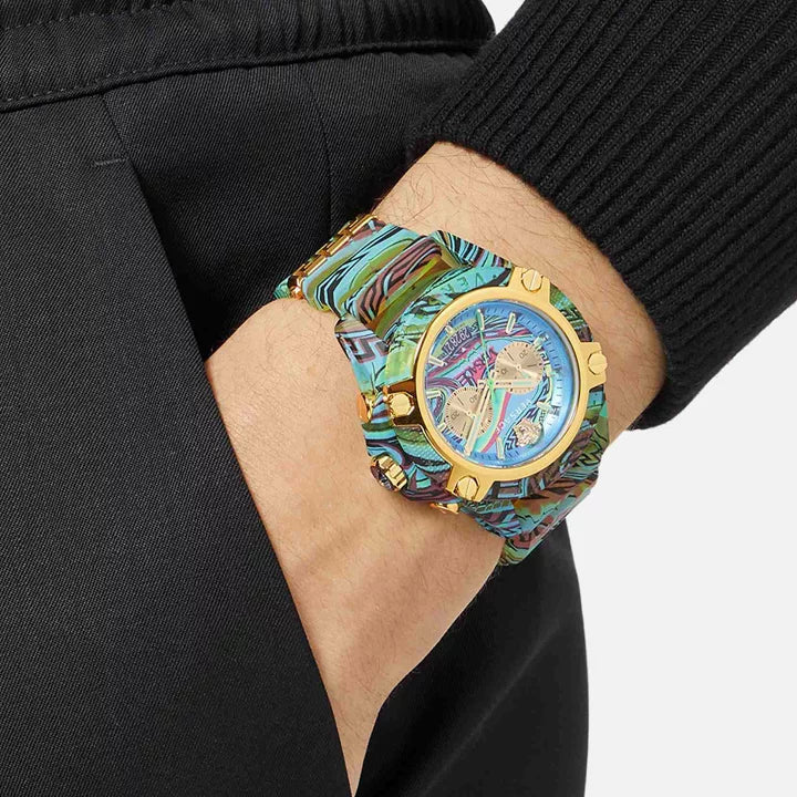 Versace Icon Active Chronograph Blue Dial Green Rubber Strap Watch For Men - VEZ701322 Buy Now By Versace