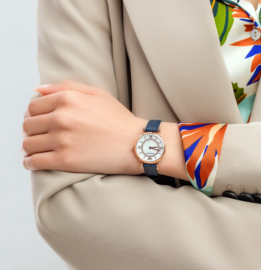 Emporio Armani Gianni T-Bar Analog Mother of Pearl Dial Blue Leather Strap Watch For Women - AR11468 Buy Now By Emporio Armani