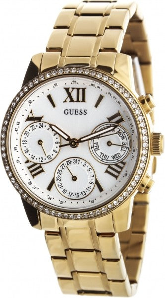 Guess Mini Sunrise Diamonds Silver Dial Gold Steel Strap Watch for Women - W0623L3 Buy Now By Guess