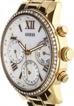Guess Mini Sunrise Diamonds Silver Dial Gold Steel Strap Watch for Women - W0623L3 Buy Now By Guess