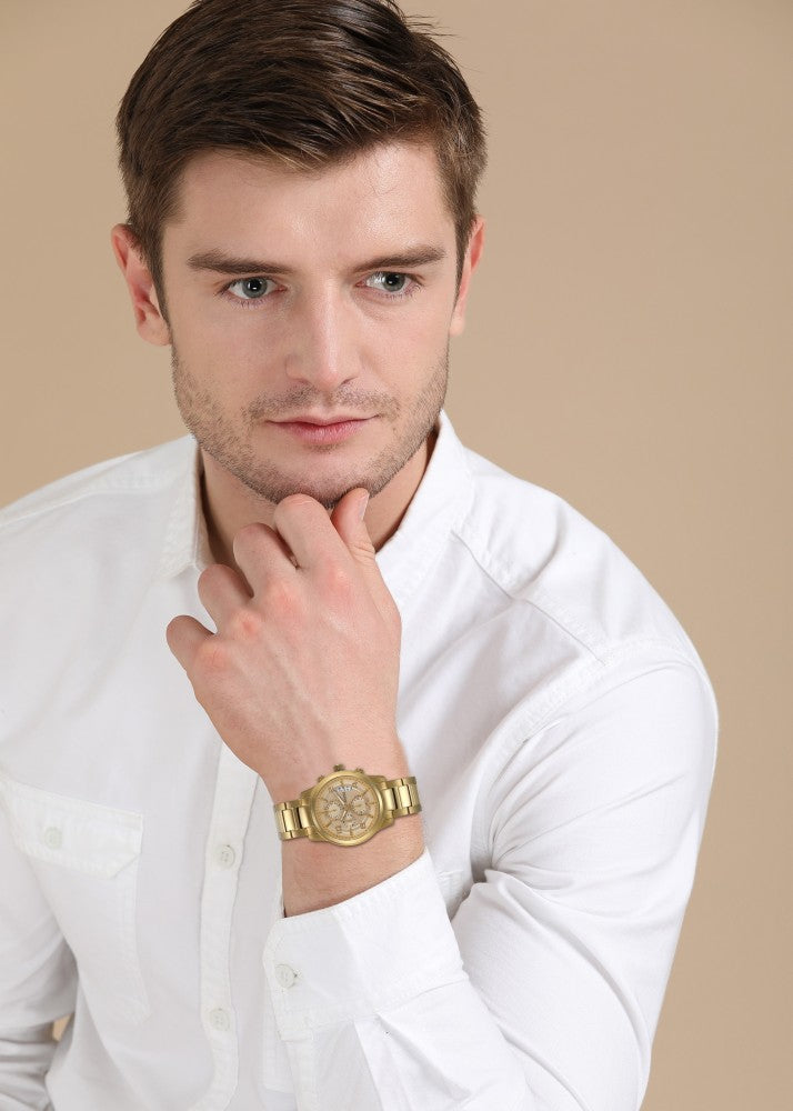 Guess Analog Chronograph Gold Dial Gold Steel Strap Watch for Men - W0075G5 Buy Now By Guess