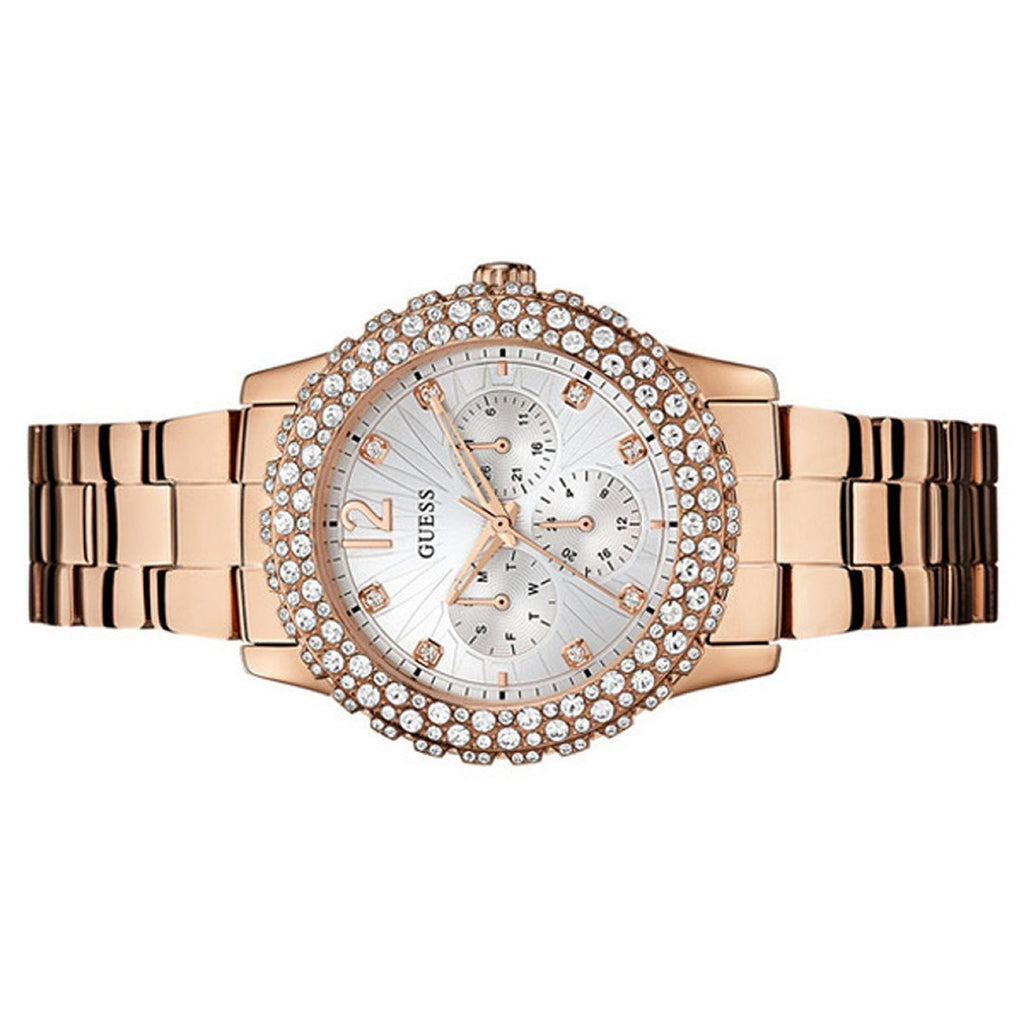 Guess Dazzler Diamonds Silver Dial Rose Gold Steel Strap Watch for Women - W0335L3 Buy Now By Guess