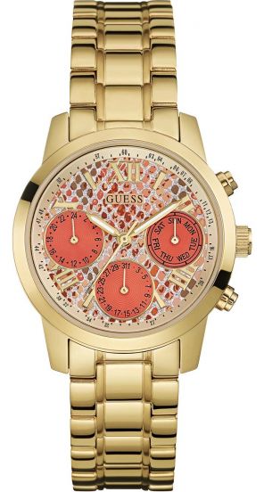 Guess Mini Sunrise Quartz Analog Orange Dial Gold Steel Strap Watch For Women - W0448L7 Buy Now By Guess