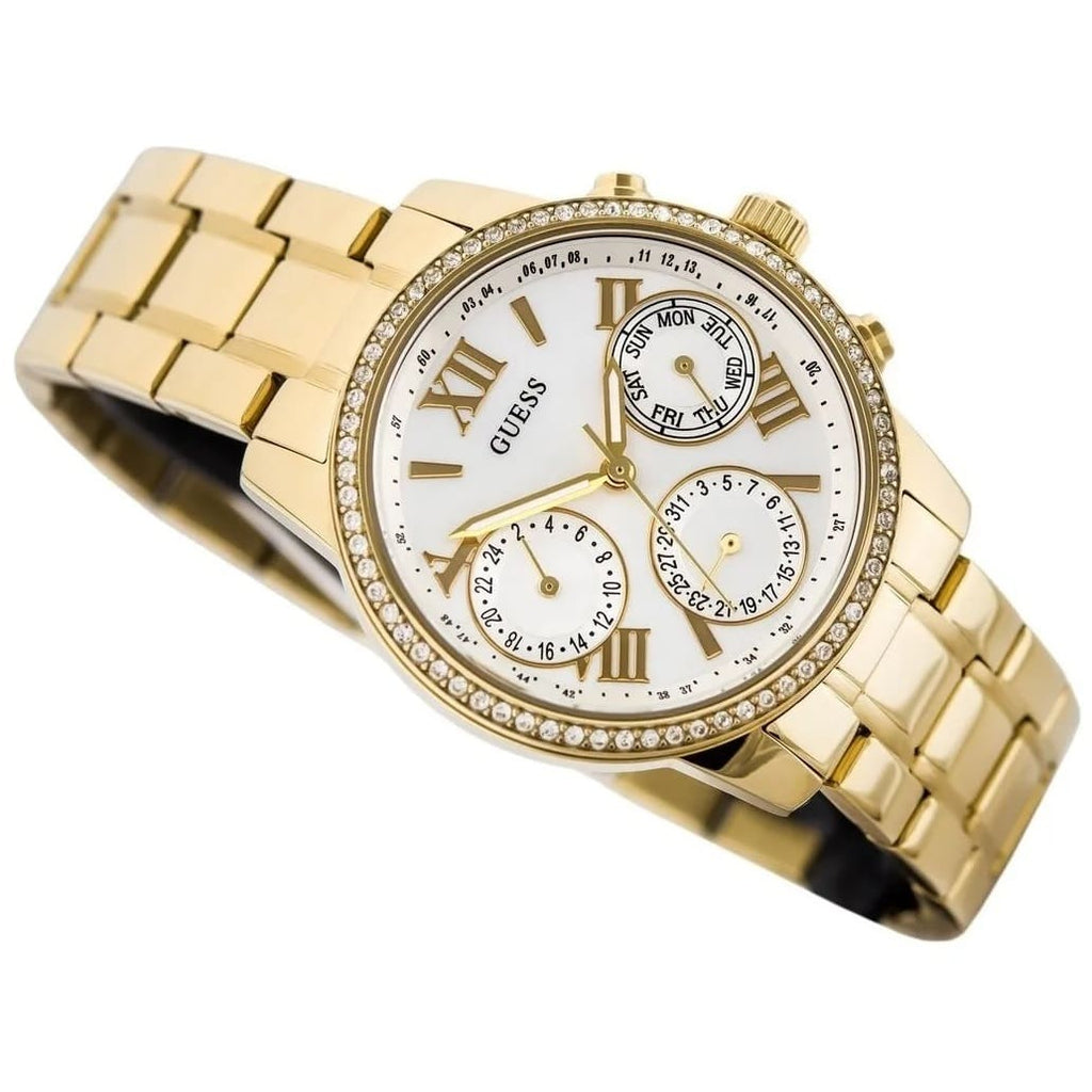 Guess Mini Sunrise Diamonds Silver Dial Gold Steel Strap Watch for Women - W0623L3 Buy Now By Guess
