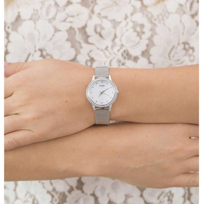 Guess Chelsea Mother of Pearl White Dial Silver Mesh Strap Watch For Women - W0647L1 Buy Now By Guess