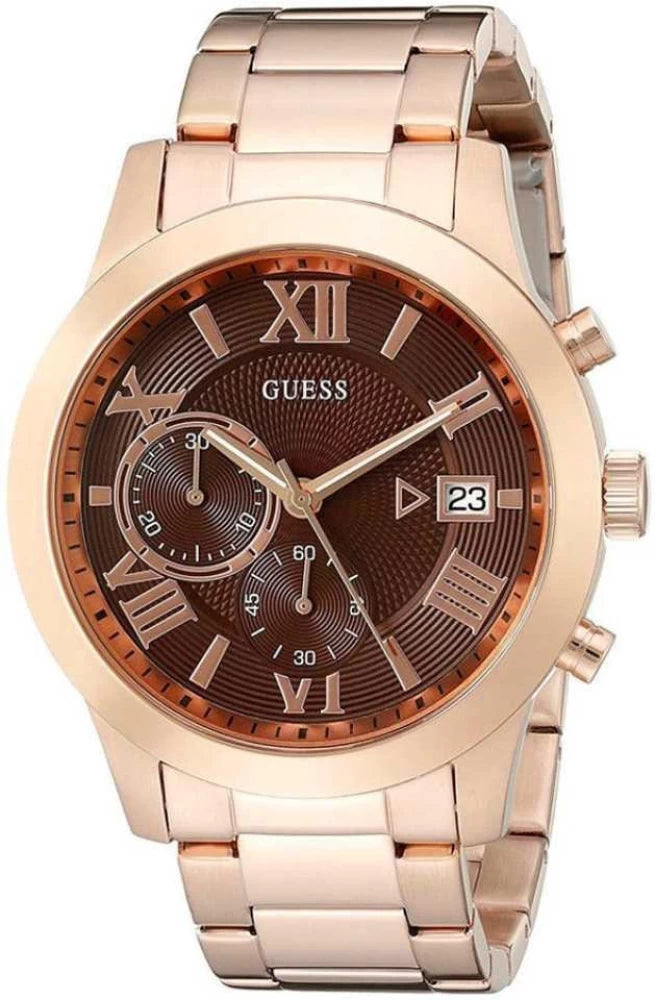 Guess Iconic Signature Brown Dial Rose Gold Steel Strap Watch For Men - W0668G1 Buy Now By Guess