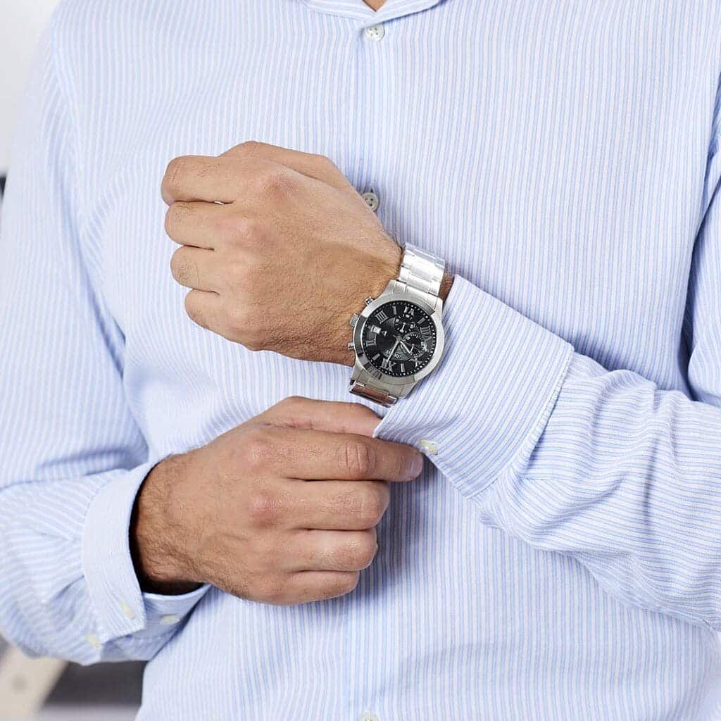 Guess Atlas Chronograph Black Dial Silver Steel Strap Watch For Men - W0668G3 Buy Now By Guess