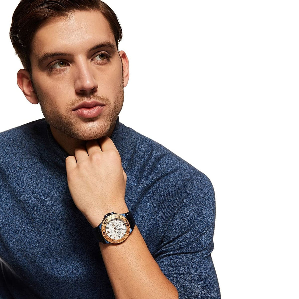 Guess Force Multi Function White Dial Blue Leather Strap Watch For Men - W0674G7 Buy Now By Guess