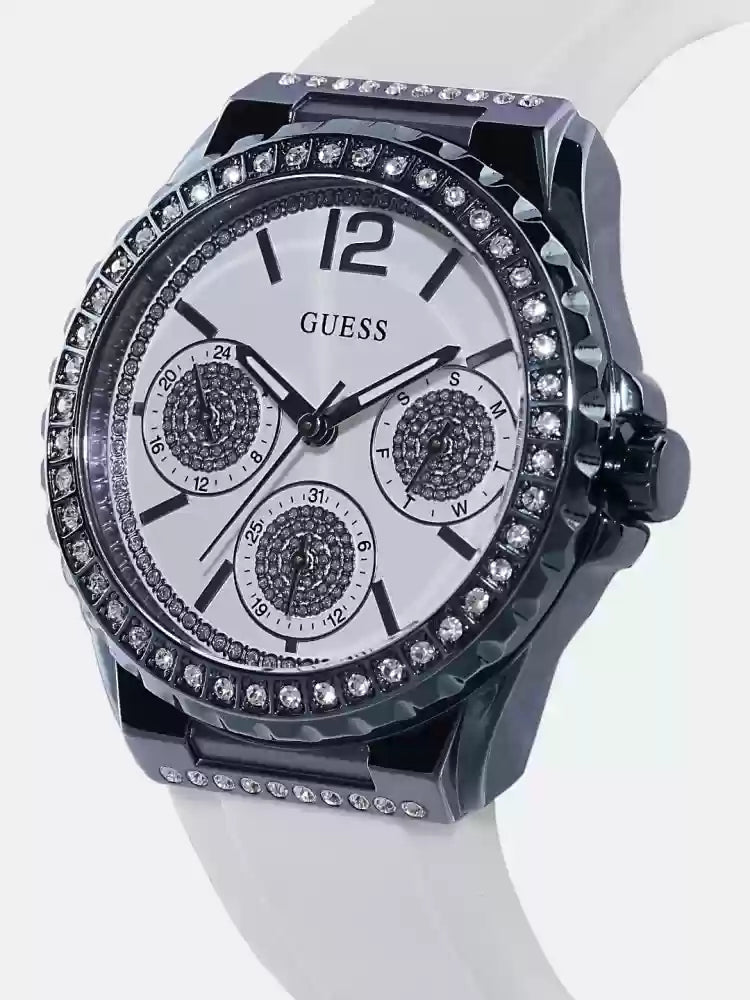 Guess Starlight Diamonds Silver Dial White Rubber Strap Watch for Women - W0846L7 Buy Now By Guess