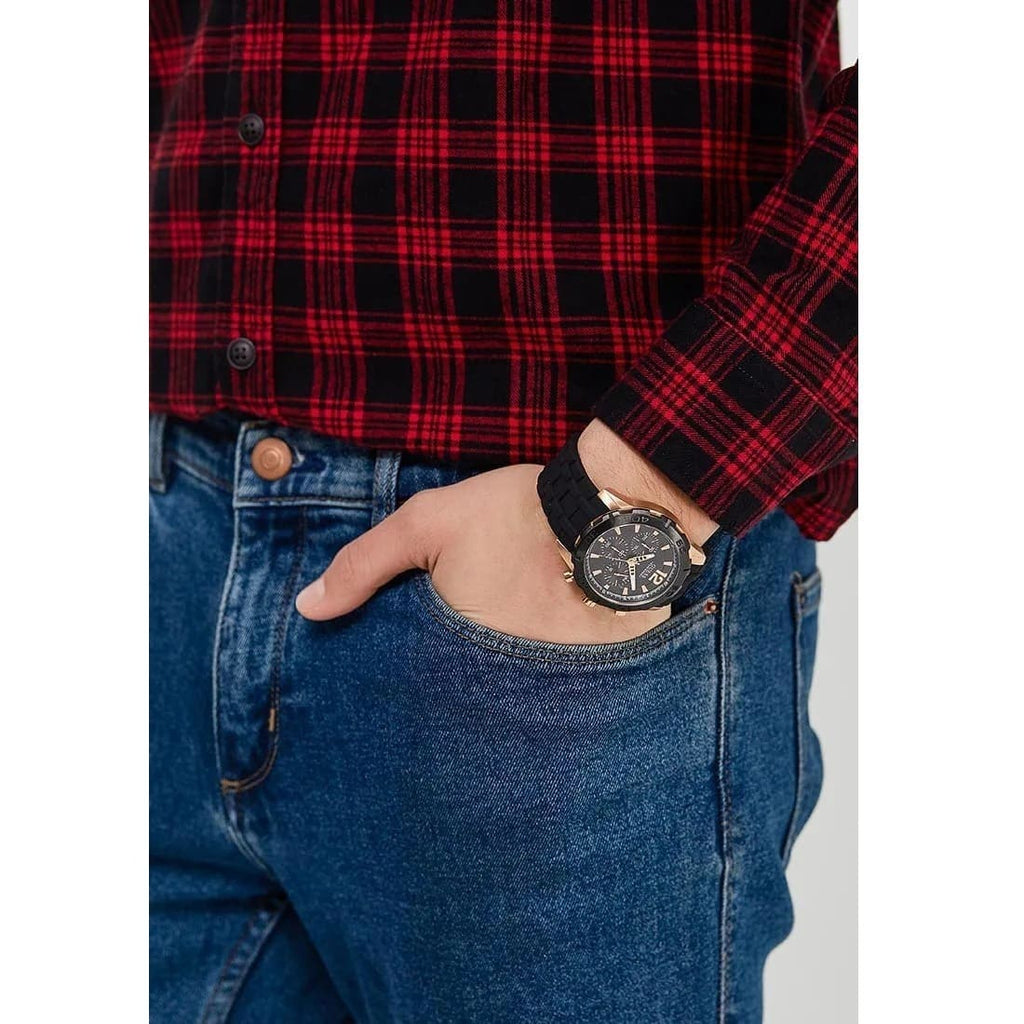 Guess Caliber Chronograph Black Dial Black Rubber Strap Watch for Men - W0864G2 Buy Now By Guess