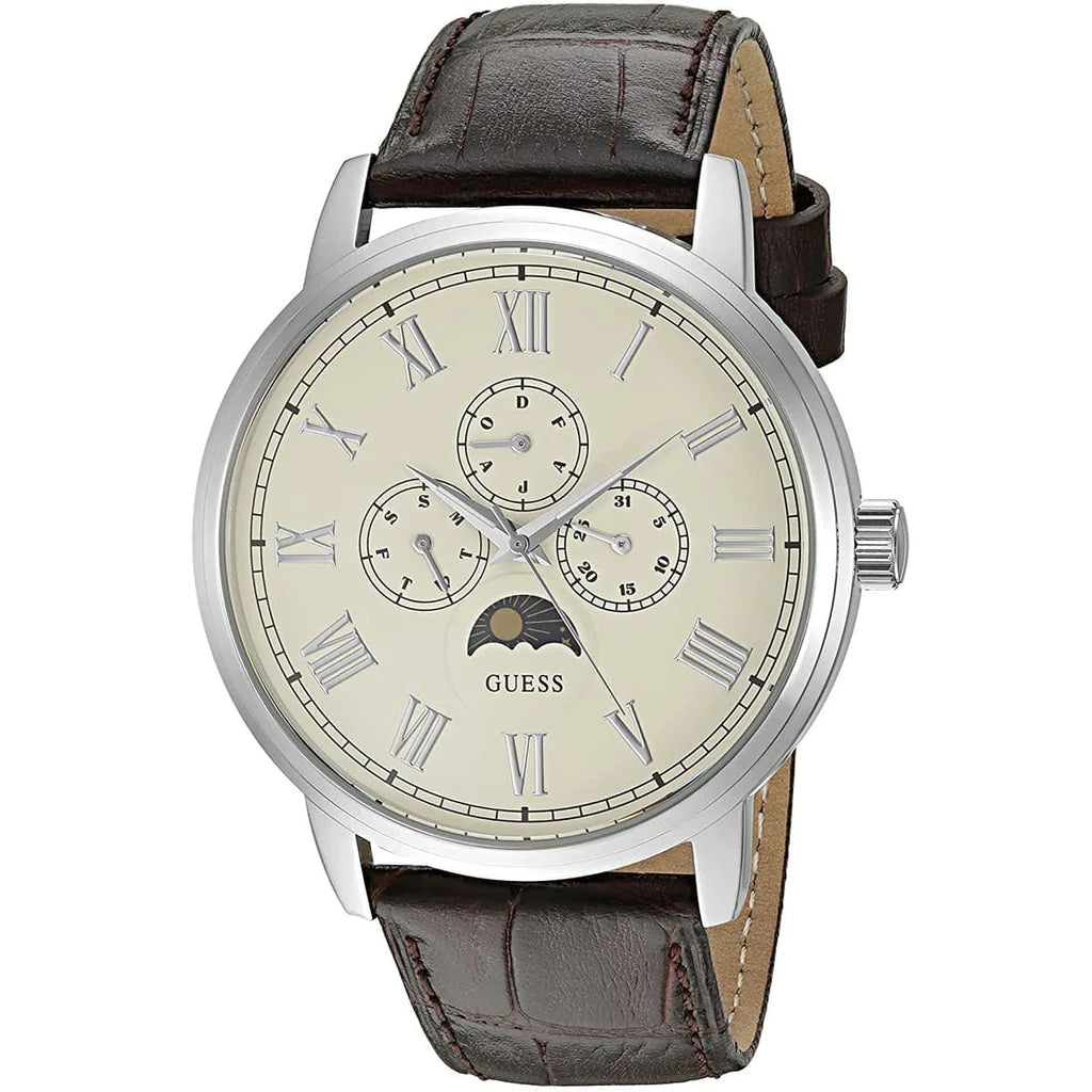 Guess Delancy Quartz White Dial Brown Leather Strap Watch For Men - W0870G1 Buy Now By Guess