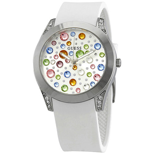 Guess Wanderlust Crystals Silver Dial White Rubber Strap Watch For Women - W1059L3 Buy Now By Guess