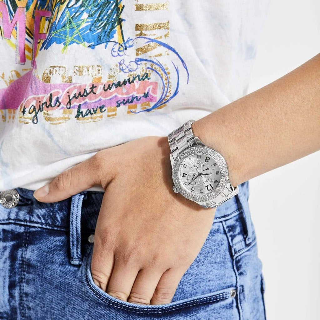 Guess Bedazzle Diamonds Silver Dial Silver Steel Strap Watch For Women - W1097L1 Buy Now By Guess