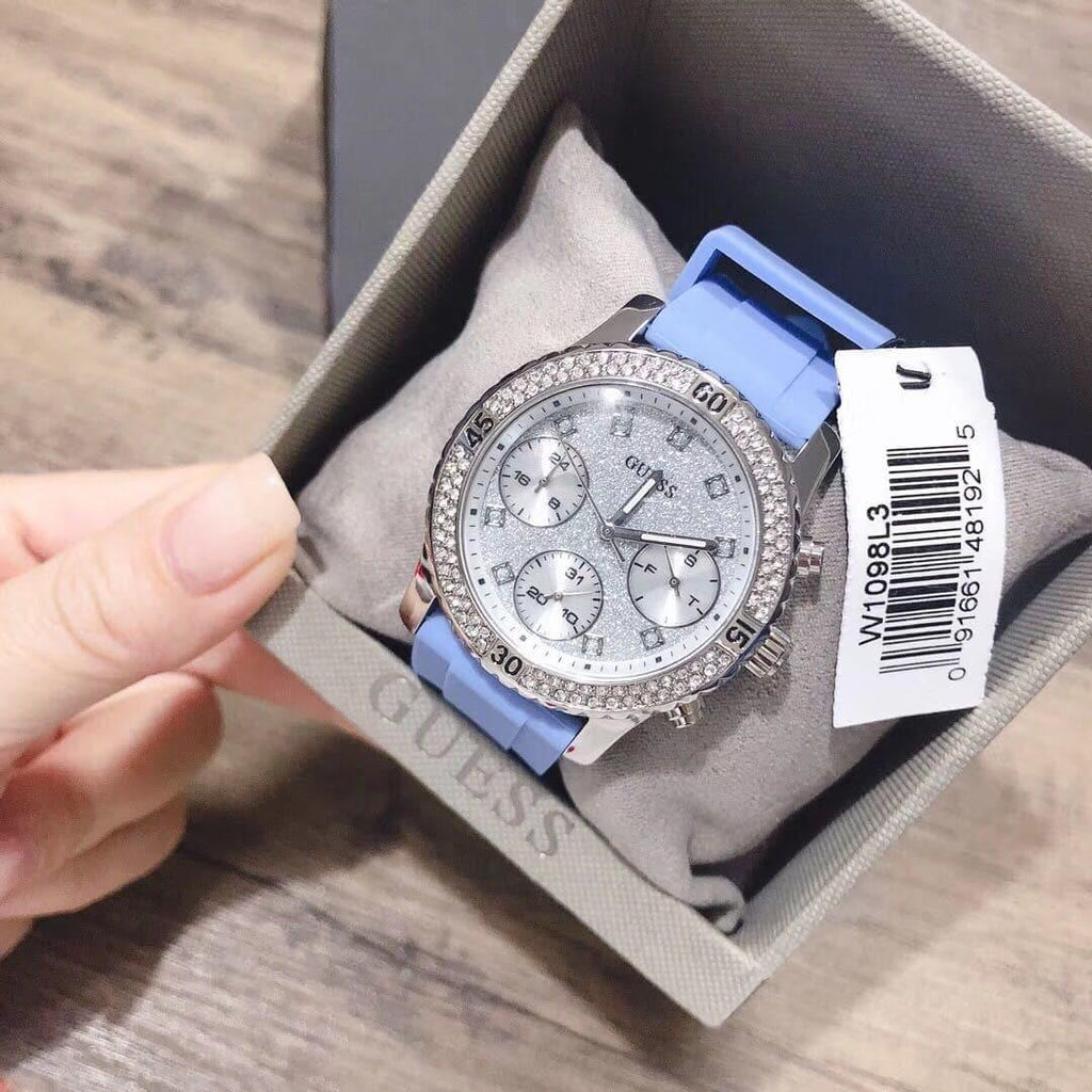 Guess Confetti Crystal Silver Dial Blue Rubber Strap Watch For Women - W1098L3 Buy Now By Guess