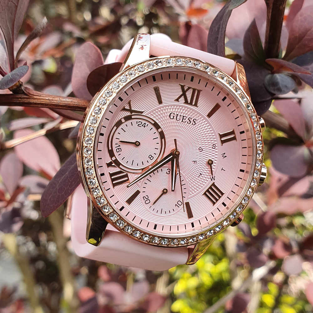 Guess Solar Rose Gold Dial Pink Rubber Strap Watch For Women - W1135L2 Buy Now By Guess