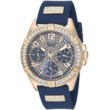 Guess Frontier DIamonds Gold Dial Blue Rubber Strap Watch For Women - W1160L3 Buy Now By Guess