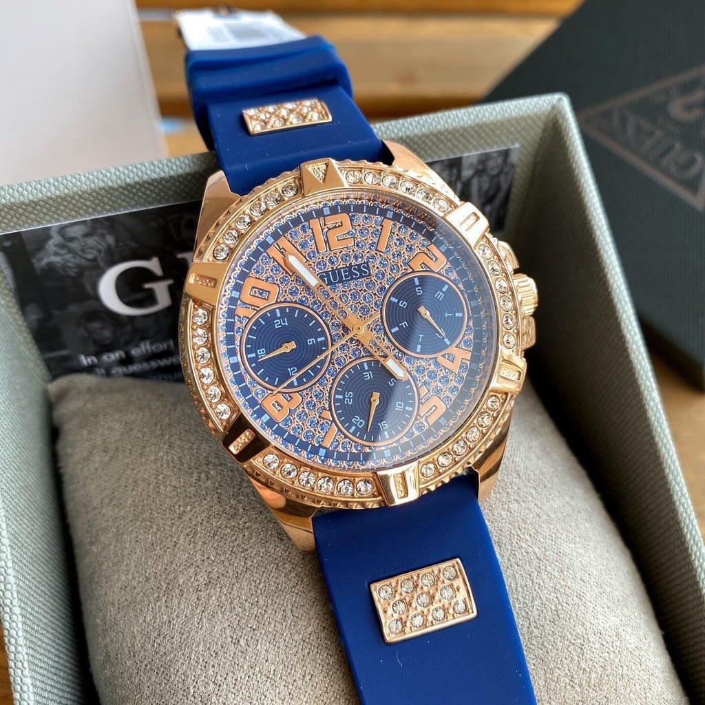 Guess Frontier DIamonds Gold Dial Blue Rubber Strap Watch For Women - W1160L3 Buy Now By Guess
