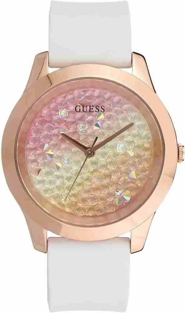Guess Crush Crystals Gold Dial White Rubber Strap Watch for Women - W1223L3 Buy Now By Guess