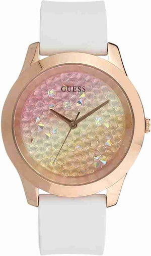 Guess Crush Crystals Gold Dial White Rubber Strap Watch for Women - W1223L3 Buy Now By Guess