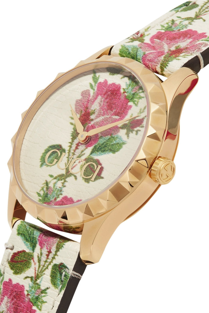 Gucci G Timeless Floral Gold Dial White Leather Strap Watch For Women - YA1264084 Buy Now By Gucci